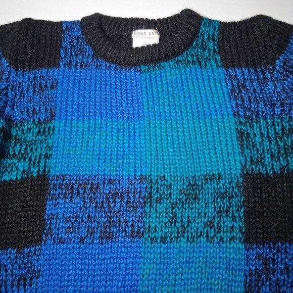 Vintage Extra Touch Hand Knit Sweater Women Size 40 Blue Black Plaid Striped - Picture 8 of 14